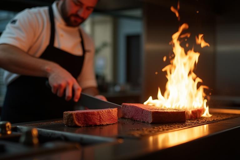 Chef slicing Yorkshire beef beside sizzling plancha grill