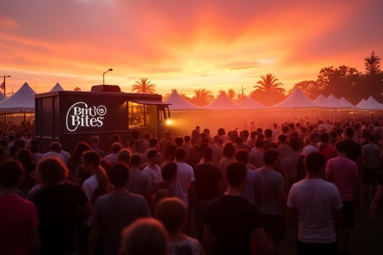Festival crowd queuing at Brit Bites truck under sunset skies
