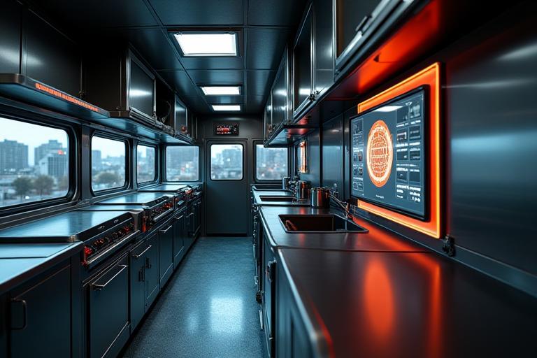 Interior of Brit Bites truck showing modular cooking rigs and solar monitor