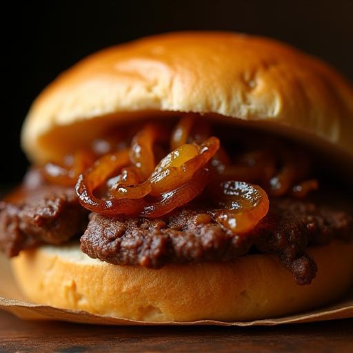 Close-up of Yorkshire steak & ale bap with caramelised onions