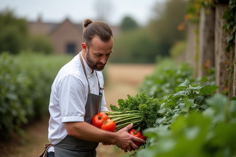 Chef collecting seasonal vegetables from Yorkshire farm supplier
