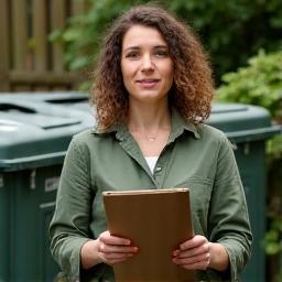 Lucy Brown holding clipboard beside compost bins