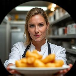 Sophie Harris plating fish and chips inside the truck