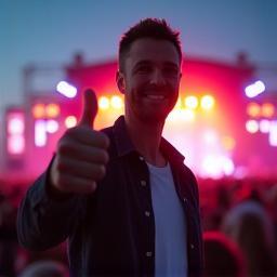Dan Cooper giving thumbs up in front of festival stage