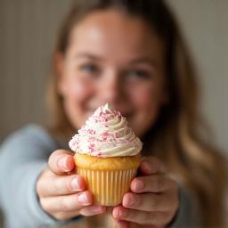 Emma Clarke smiling with branded cupcake