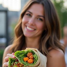 Lara Bennett holding vegan wrap at office rooftop party