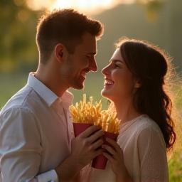 Oliver and Mia clinking fries cups at their countryside wedding